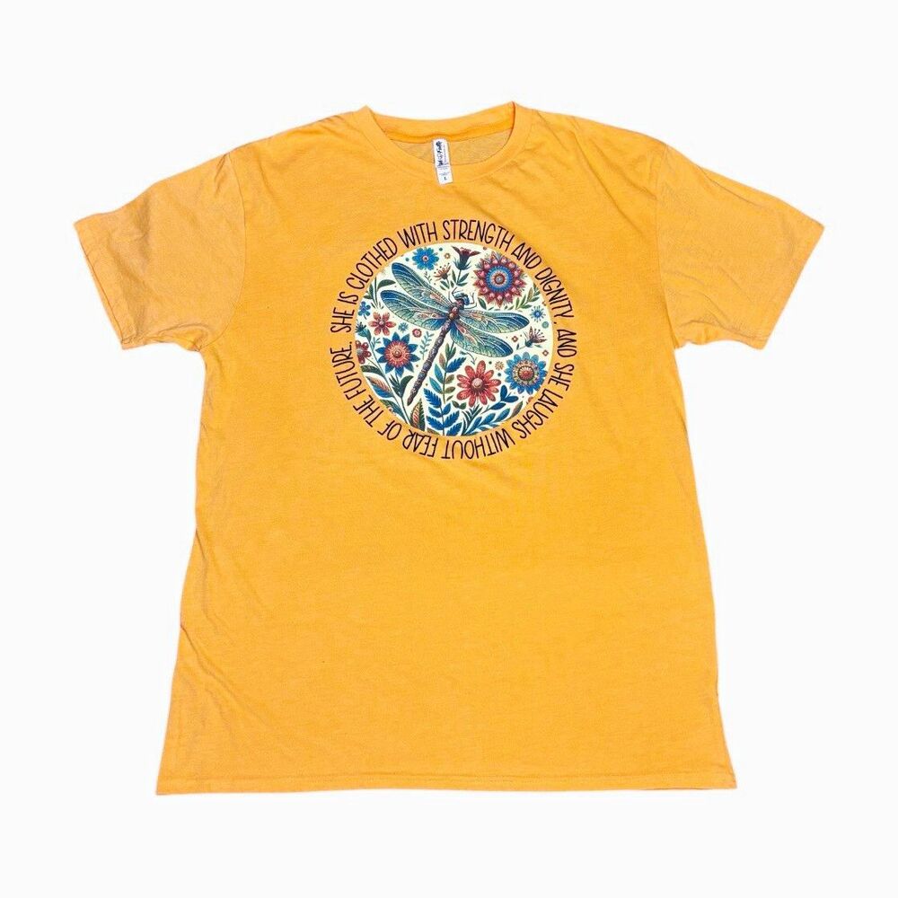 Women’s Graphic Tee Shirt Orange Boho Dragonfly Proverbs 31:25 Christian Size L